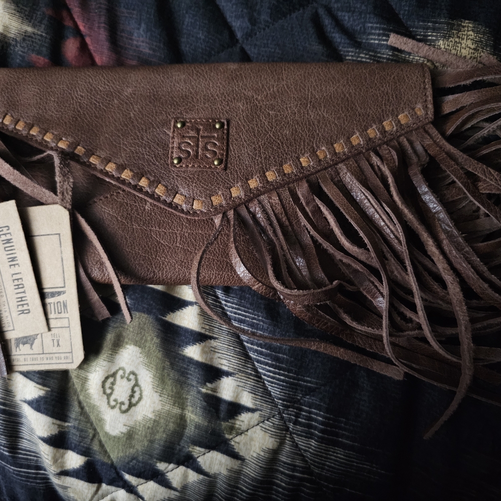Brown Leather Fringe Clutch